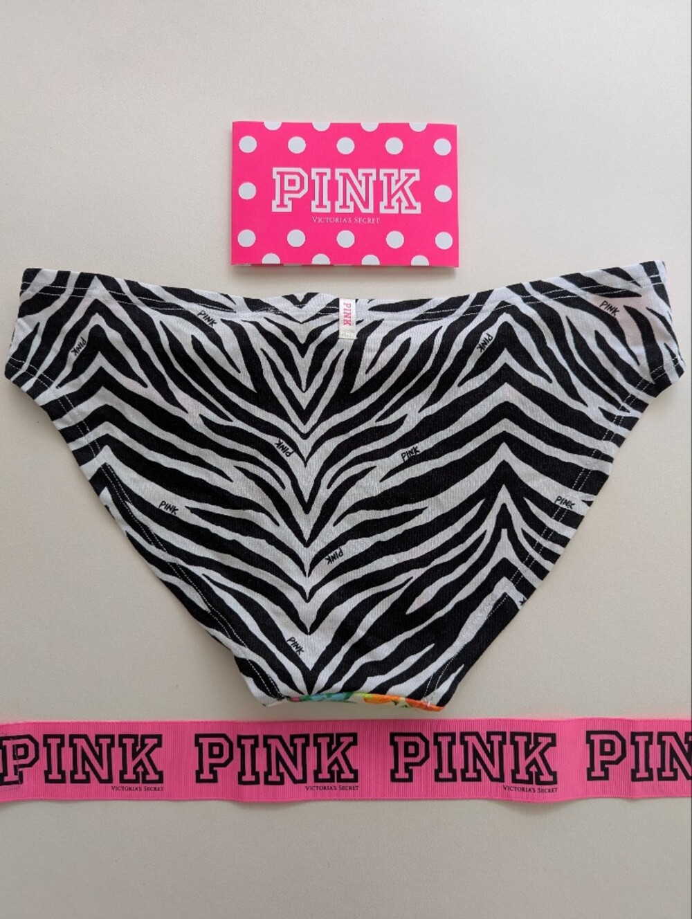 Nwt VS PINK Zebra Logo Floral Extra Low Rise Bikini Panties Small New Bows Neon